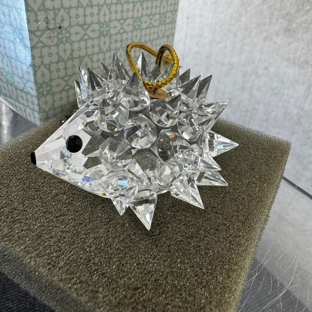 Vtg Cut Crystal Hedgehog Ornament Christmas Holiday Figurine Gold Cord Box - Picture 3 of 11